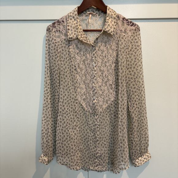 Free People Blouse Women Large Cream Floral Lace Sheer Prairie Festival Boho Top - Picture 1 of 10